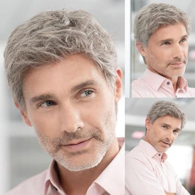 Herren Kurze Graue Synthetik Perücke - Natürliche Schichten, Hitzebeständig