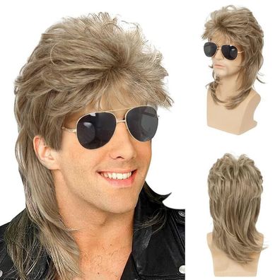 Herren Vokuhila Perücke blond gelockt 70er 80er Punk Rocker Disco Kostüm Perücke
