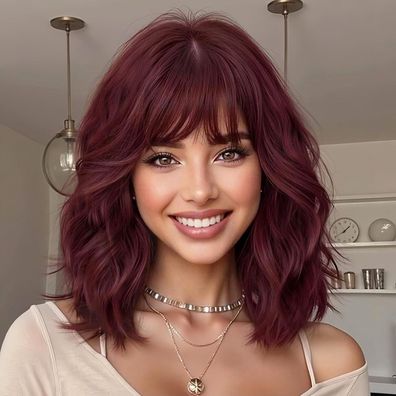 Yeeshedo Damen Perücke Rot Kurz Bob mit Pony Locken Natürlich Cosplay Wig 14