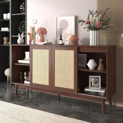 Aurofurz 155cm Sideboard mit 3 Rattantüren und 2 Schubladen, Dunkelbraun