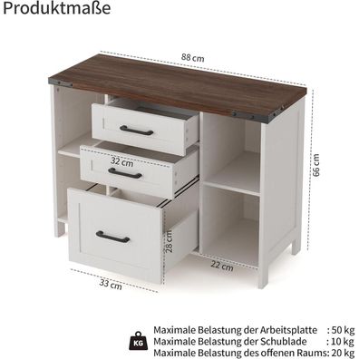 BonVache Aktenschrank mit 3 Schubladen und 4 offenen Fächern, weiß, 88x35x66cm