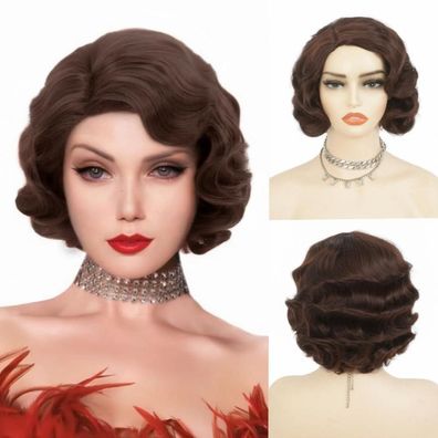 Salaibs Damen Finger Wave Perücke Kurz Braun Lockig Synthetik für 1920er & 30er