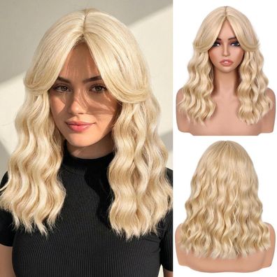 WIGNEE 14 Zoll Honigblonde Kurze Wellenperücke mit Pony - Natürlicher Wave Bob