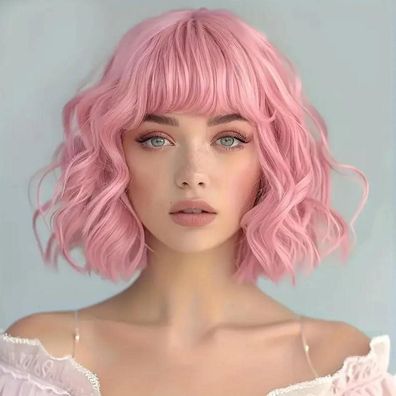Porsmeer Kurze Bob Perücke mit Pony für Frauen - Synthetisches Haar, Rosa