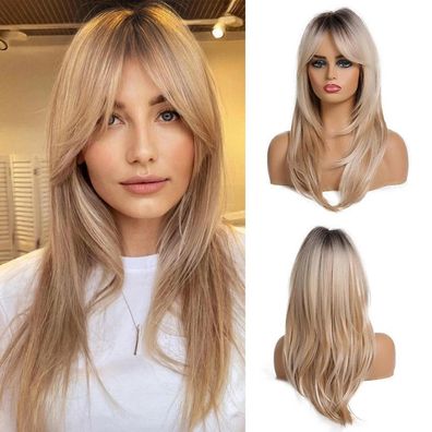 20 Zoll Blonde Geschichtete Synthetische Perücke mit Dunklen Wurzeln und Pony