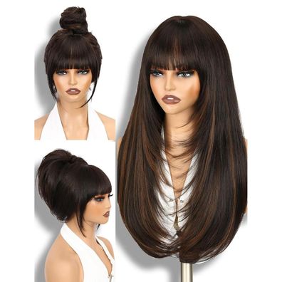 WIGNEE Damen Perücke Braun mit Pony - Lang, gestuft, hitzebeständig, für