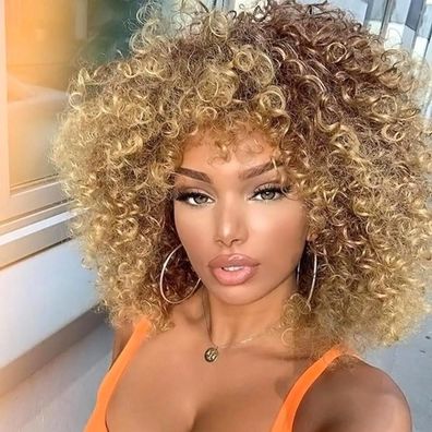 Yeeshedo Afro Perücke Braun Blond Kinky Curly Synthetik mit Pony für Damen