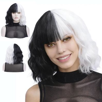 Morticia Kurze lockige Damen Bob Perücke mit Pony, weiß und schwarz