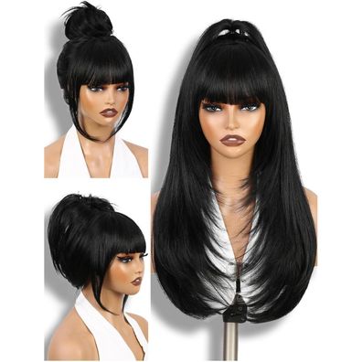 WIGNEE Schwarze Perücke mit Pony - Gestuften Glatt, Lang für Damen, Natürliches