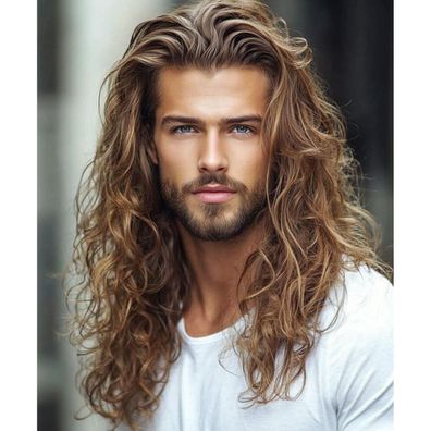 Qnbiar Herren Perücke Lang Lockig Wellenförmig Braun Synthetik für Cosplay
