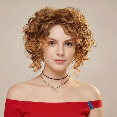 AIYLMZ Kurze lockige Damenperücke, Ombre-Braun-Blond, synthetisch, für Cosplay