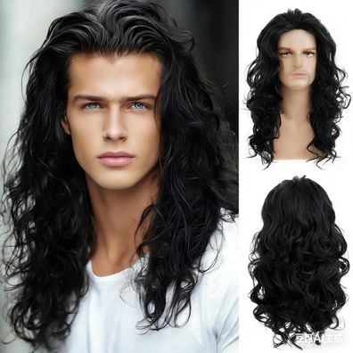 Qnbiar Herren Perücke Lang Lockig Wellenförmig Schwarz Synthetisch für Cosplay