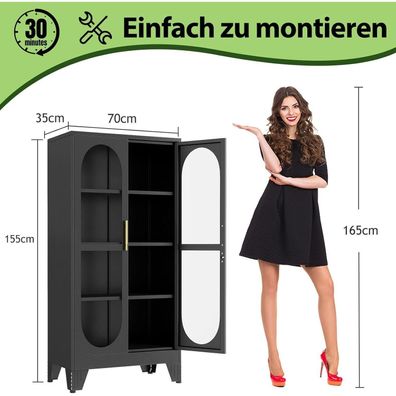Generisch 155cm hoher schließbarer Vitrinenschrank mit Glastür, Metall, 3