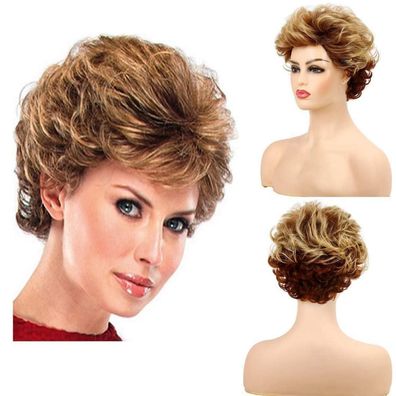 Qinbaeu Damen Kurze Flauschige Braun Perücke mit Locken und Pony, Synthetik
