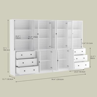 VOWNER 5-stöckiges Bücherregal mit Glastüren, 180 cm Vitrinenschrank für