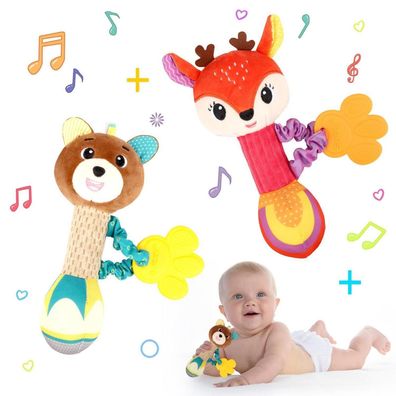 2er Set Babyrassel Greifling Hirsch & Bär 0-6 Monate, Babyspielzeug für Jungen