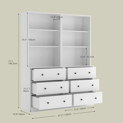 VOWNER 5-stöckiges Bücherregal mit Glastüren, 180 cm Vitrinenschrank für Küche