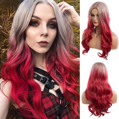 Qnbiar Lange Curly Wavy Silber Grau zu Rot Perücke Mittelteil natürlich