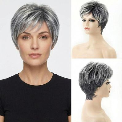AIYLMZ Graue Locken Perücke für Damen, kurze Kunstfaser, hitzebeständig, 28cm
