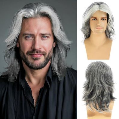 Qnbiar Herren Perücke Grau Lang Gerade Synthetik Hitzebeständig Cosplay Grauweiß