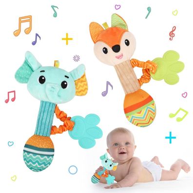 2er Set Baby Rassel Elefant & Fuchs - Greifling Spielzeug für Babys 0-12 Monate