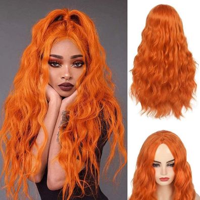 Qnbiar Lange lockige wellige orange synthetische Perücke für Cosplay und