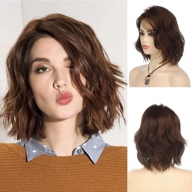 Qnbiar Damen Kurze Welle Braun Bob Perücke Synthetik Hitzebeständig Cosplay