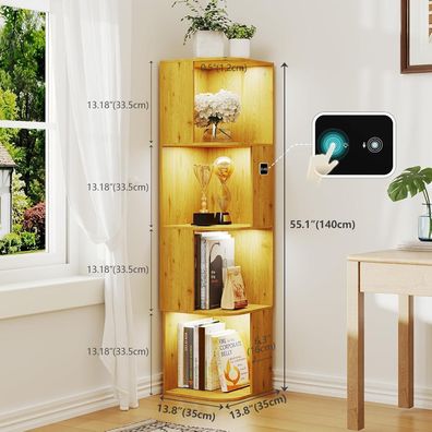 Gurexl Eckvitrine mit 3 LED Beleuchtung, 4-stufiges Bücherregal, modern, Eiche