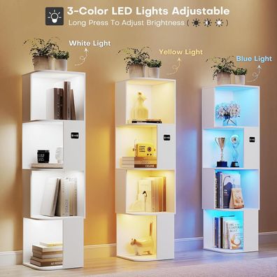 Gurexl Eckvitrine mit 3 LED Beleuchtung, 4-stufiges Bücherregal, modern, weiß