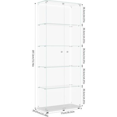 Blsyhdh Glasvitrine Standvitrine mit LED, 5 Etagen, 2 Türen mit Schloss, Weiß