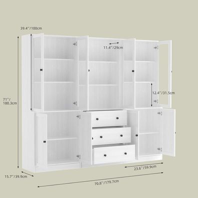 VOWNER 5-stöckiges Bücherregal mit Glastüren, 180 cm Vitrinenschrank, weiß