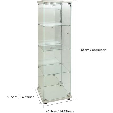 Mioosut Vitrine aus Glas mit LED und Spiegel, freistehende Sammlervitrine mit 1