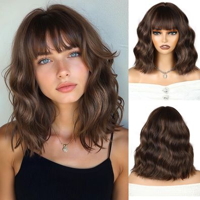 WIGNEE Kurze Wellige Bob-Perücke mit Pony, 12 Zoll Highlight Natürliche Lockige