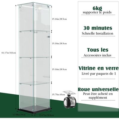 Feeohome Glasvitrine mit LED Beleuchtung, 4 Ebenen, 1 Tür, Schwarz - Moderne