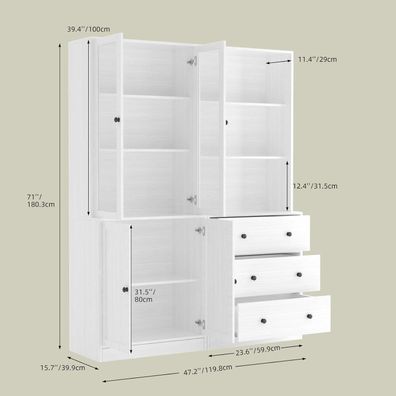 VOWNER 5-stöckiges Bücherregal mit Glastüren, 180 cm Vitrinenschrank
