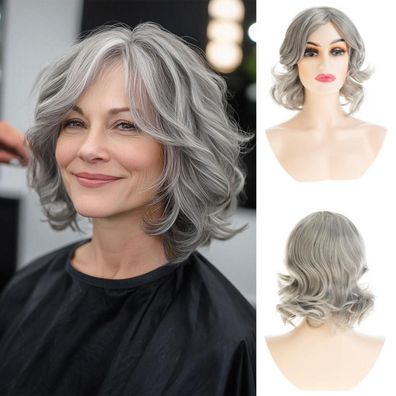 Qnbiar Graue Damen Perücke - Kurze Welle, lockig, flauschig, synthetisch, für