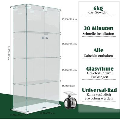 Bpkadhy Glasvitrine Standvitrine mit LED, 4 Glasböden, 2 abschließbare Türen