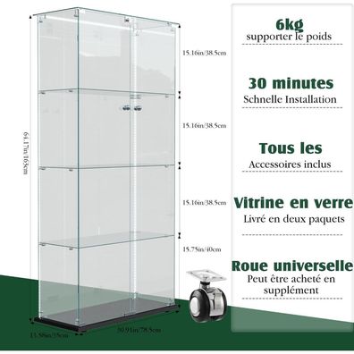 Feeohome Glasvitrine mit LED Beleuchtung, 4 Etagen, 2 Türen, Schwarz