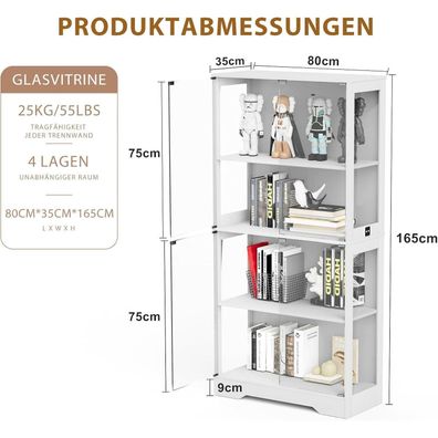 Blsyhdh Glas Standvitrine mit LED, 4 Etagen, 4 Türen, Bewegungssensor, 3