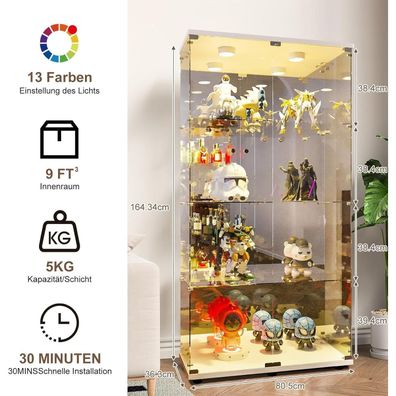 Blsyhdh Glasvitrine Standvitrine mit LED und Spiegeleffekt, 4 Etagen, 2 Türen