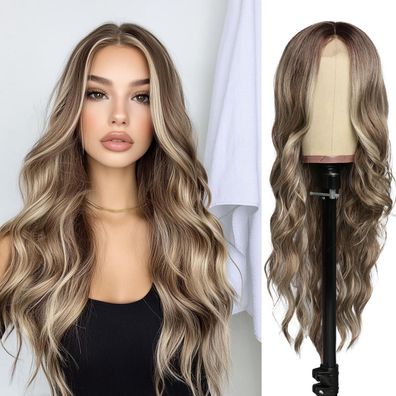 SeclitWu Lange braun blonde lockige Perücke, 66 cm, hitzebeständige Kunstfaser