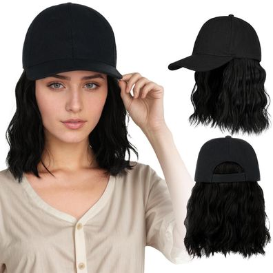 Ausing Schwarze kurze lockige Perücke für Damen, 30 cm, schulterlang, gewellt