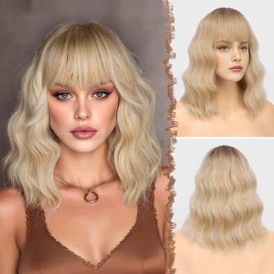 Feshfen Wellig Bob Perücke mit Pony - 35cm Ombre Blond Highlight Wellen