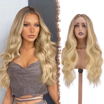 Feshfen Lace Front Perücke Ombre Braun Blond, lange lockige Kunsthaarperücke 70