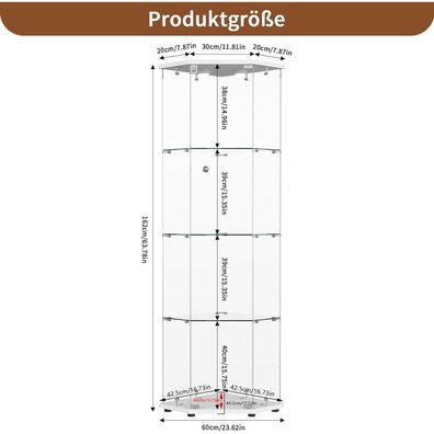 Standvitrine mit LED Beleuchtung, 4 Glasböden, 1 Tür mit Schloss, 5-eckiges