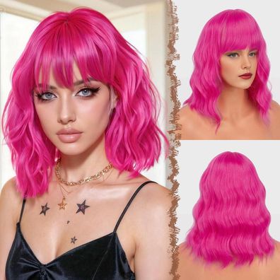 Feshfen Wellig Bob Perücke mit Pony - 35cm Hot Rosa Schulterlänge Kunsthaar
