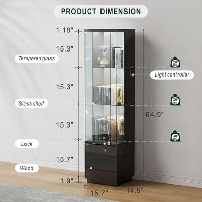 Lvifur Glasvitrine mit LED Beleuchtung, Schubladen und intelligenter Sensorik