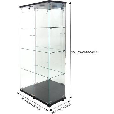 Feeohome Glasvitrine mit LED, 4 Ebenen, 2 Türen, freistehend, 80x36x164 cm