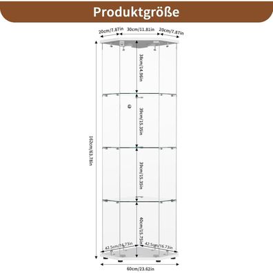 Bpkadhy Eckvitrine mit LED-Beleuchtung, abschließbar, 162x60x42.5 cm, Weiß