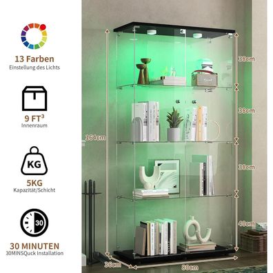Bpkadhy Glasvitrine mit 4 Einlegeböden, 164x80,5x36,5 cm, 7 RGB-Farben, 2